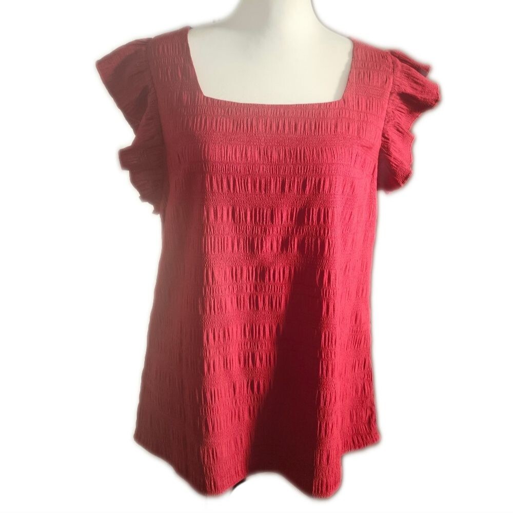 Brick Red Square Neck Flutter Sleeve Blouse, M